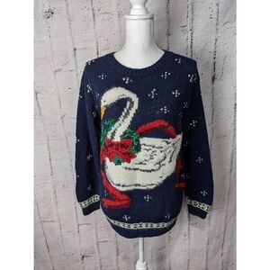 Croft & Barrow Vintage Hand Knitted Christmas Sweater Navy Blue w Swan Sz XS Ove